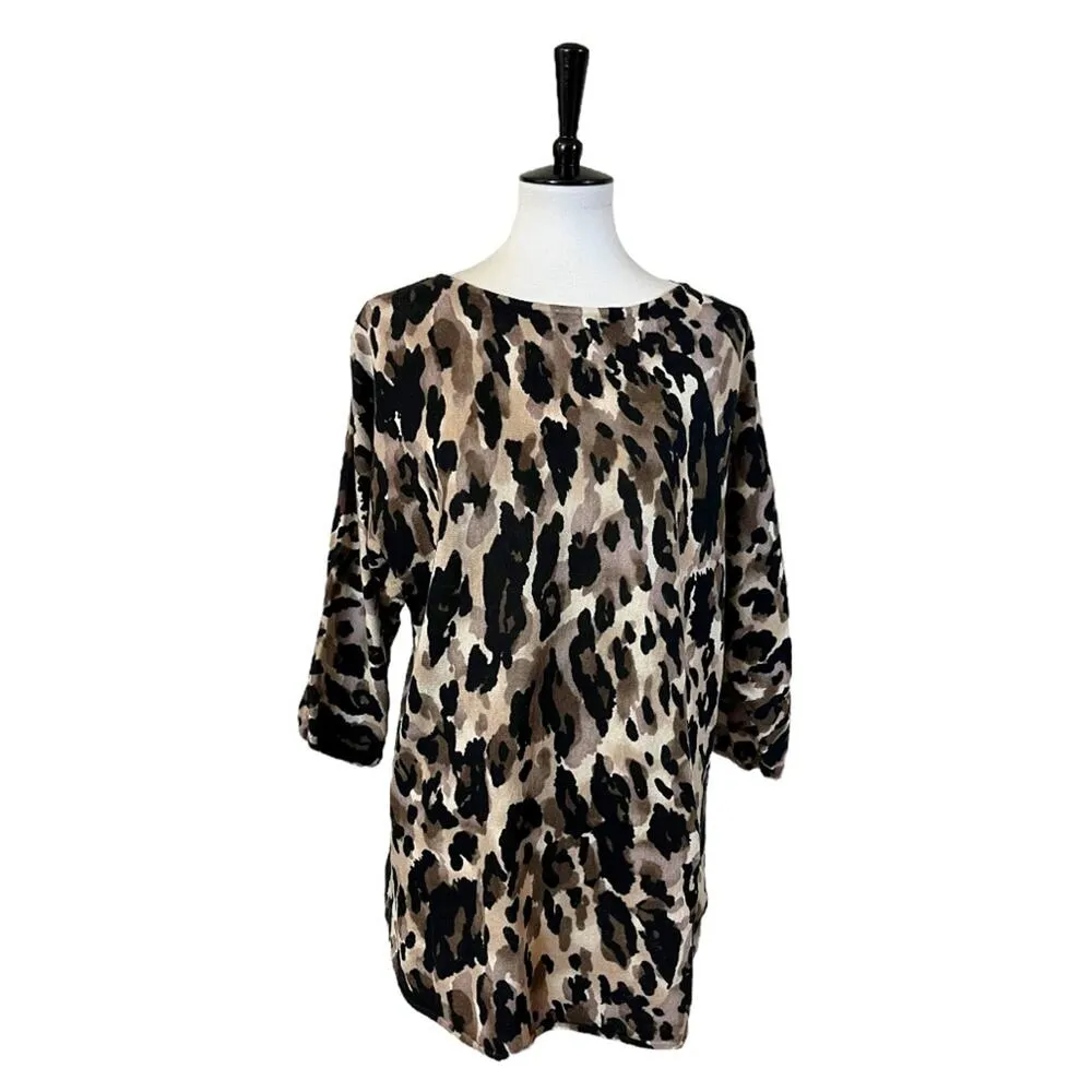 Jones New York Sweater Tunic Linen Crew Neck 3/4 Sleeves Leopard Women’s Size L - Image 11