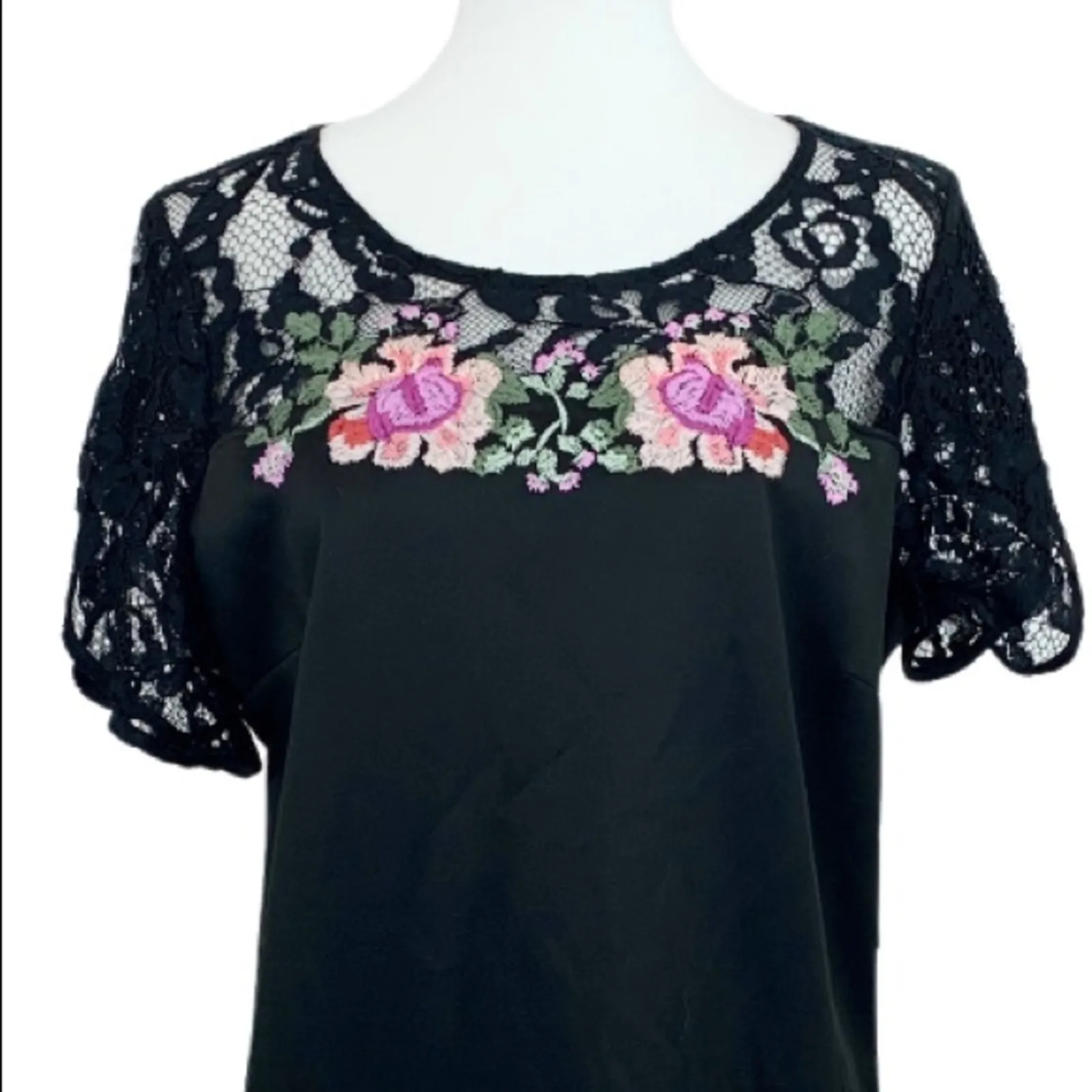 Luxology Dressbarn NEW Women's Black Pink Floral Lace Embroidered Dress Large - Image 5