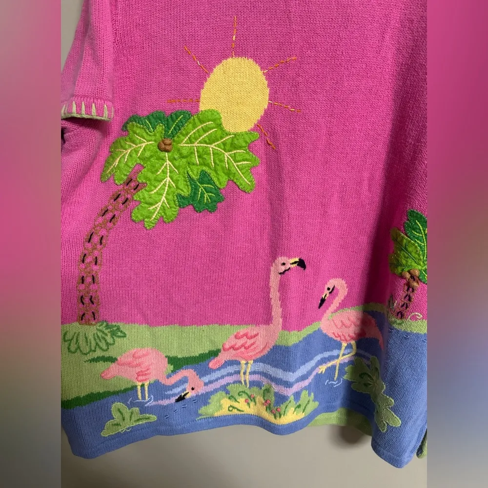 Quacker Factory Sweater Womens 1X Pink Chunky Knit Flamingo Palm Tree Vintage - Image 3