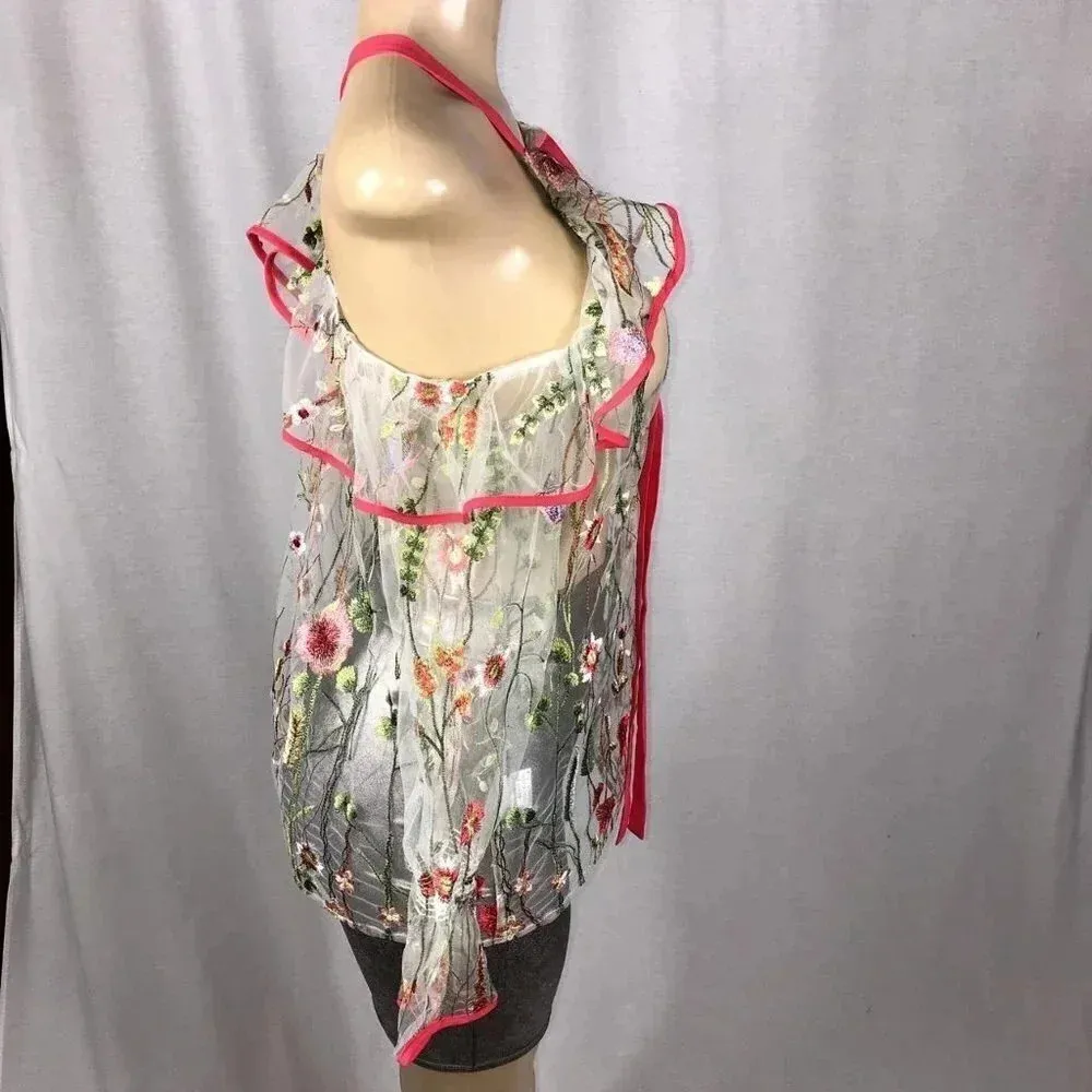 Hesperus Size M Floral Stitched Ruffle Off The Shoulder Top, Flowy Sleeves. New - Image 3