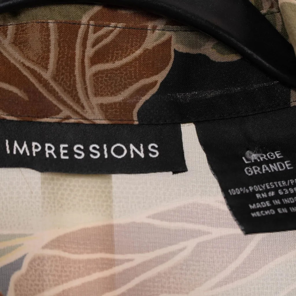 Impressions Sheer Blouse Tank Set L Women Floral Button Up Green Red Brown Fall - Image 5