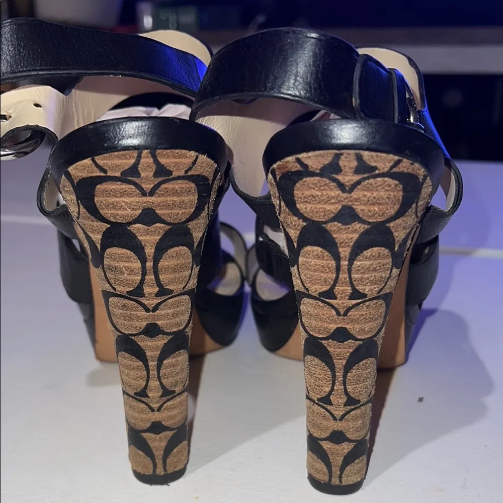 COACH Black Leather Bertta Platform Logo Monogram Slingback Heels Size 7.5 - Image 3