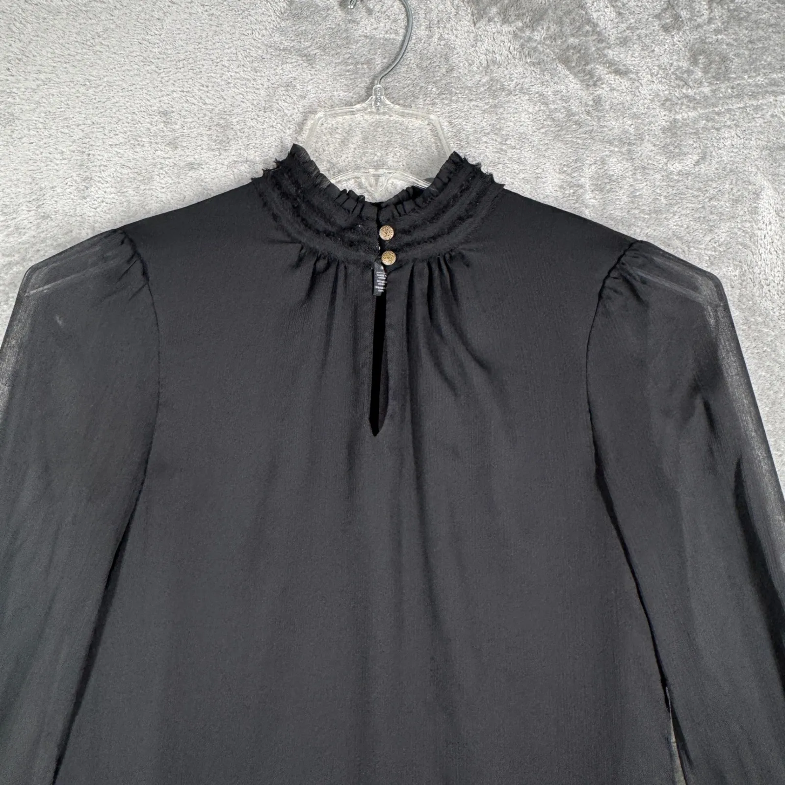 White House Black Market Blouse Sheer Long Sleeve‎ Ruffle Neck Neutral Black 4 - Image 4