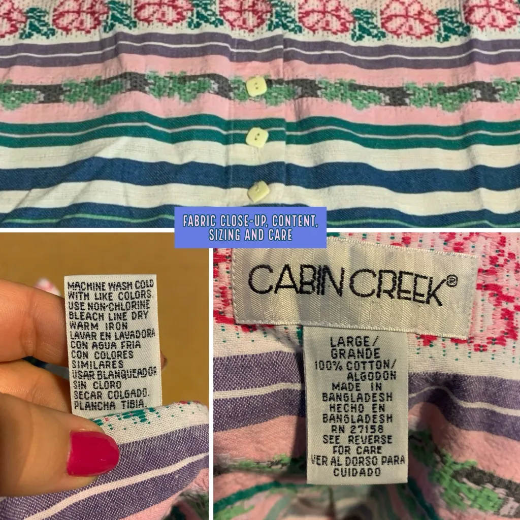 VINTAGE CABIN CREEK PINK, BLUE & WHITE FLORAL & STRIPE COTTON SHORT SLEEVE TOP L - Image 10