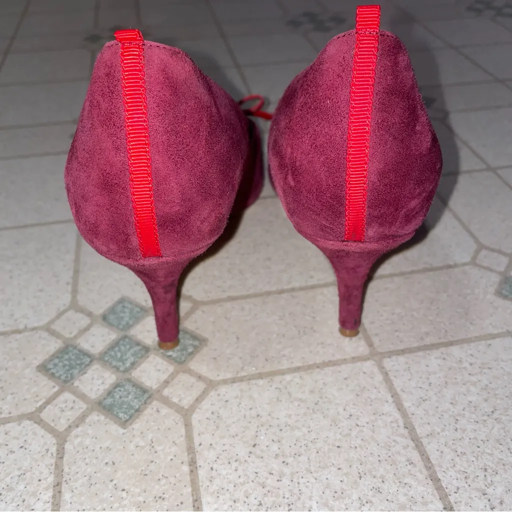 Boden Eleanor Courts Women EU 38.5 D'Orsay Pumps 3in Suede Pointed Toe Red Bow Size 7.5 - Image 5