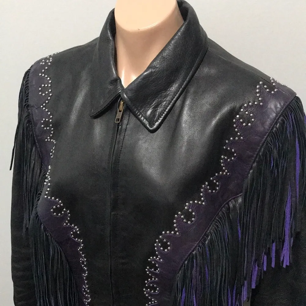 Leather Gallery Fringe Tassel Jacket Motorcycle Black Size L - Image 2