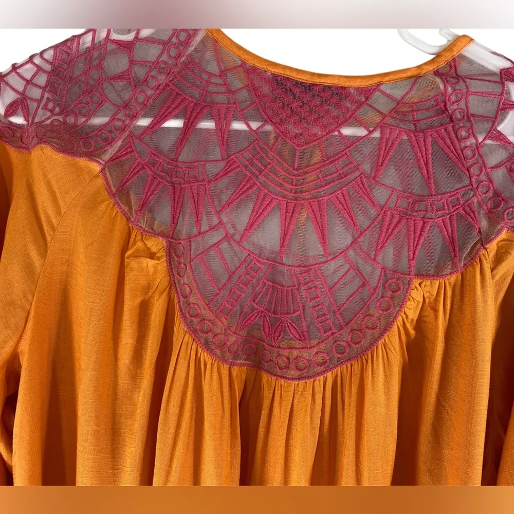 David Meister Women’s L Orange Pink Embroidery Luxe Appliqué Cutouts Tunic Top - Image 4
