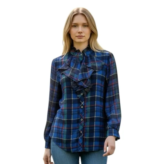 NWT Blue Red Tartan Plaid Ruffle Jabot Blouse  Bow Neck Ruffle Top Blouse - Image 3