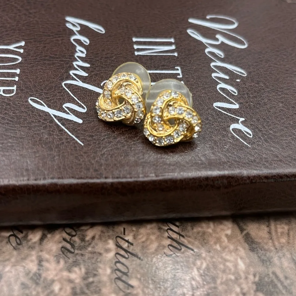 Vintage Gold Knot Rhinestone Earrings Retro 80s 90s Glam - Image 2