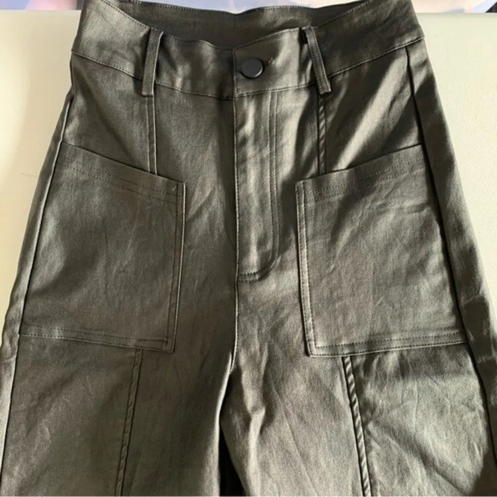 Faux Leather Pants Womens XS Black Wide Leg High Rise Stretch Y2K Sexy - Image 3