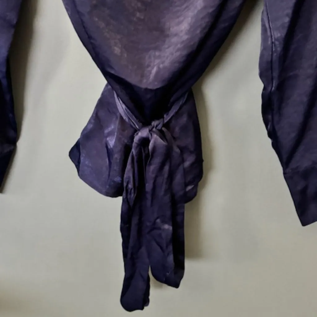 Worthington Blouse Large Navy Blue Long Sleeve Cowl Neck Elegant Waist Tie Shiny - Image 6