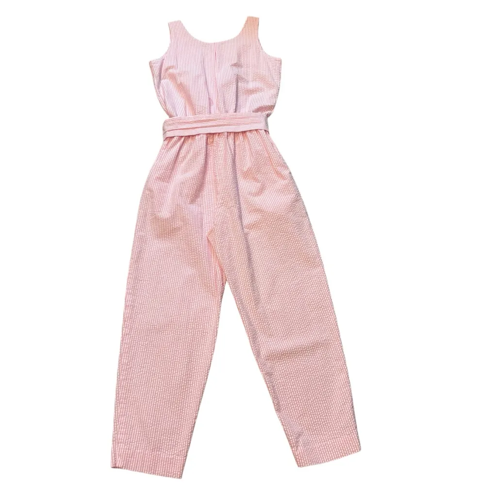 Vtg Reyn Spooner Cotton Seersucker Pink/White Sleeveless Belted Jumpsuit Sz S Pink - Image 5