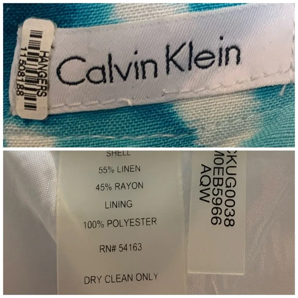Calvin Klein Linen Sheath Dress Teal White Abstract Print Women's Size 6 - Image 10