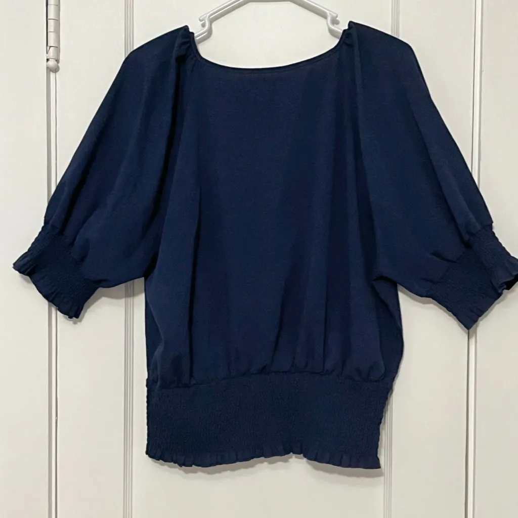Navy smocked ruffle sleeve blouse classic preppy bamboo size XL sustainable Blue - Image 3