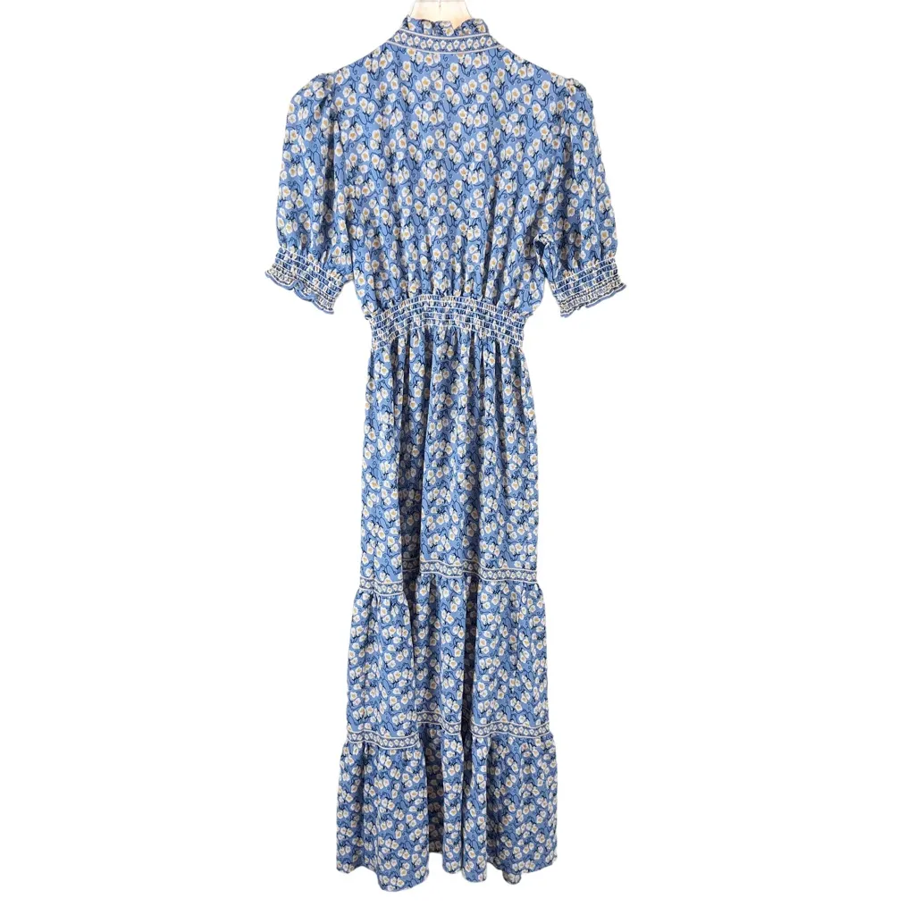 Max Studio V-Neck Puff Sleeve Tiered Dress Size Small Blue Floral Summer Maxi - Image 3