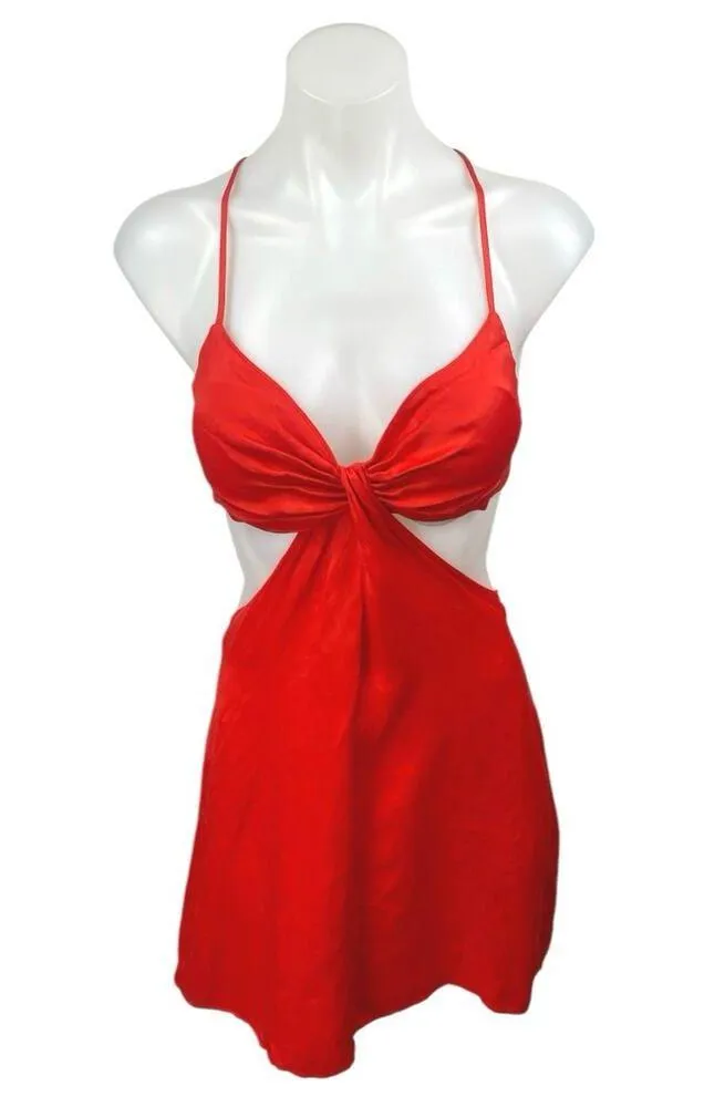Zara Red Sleeveless Silk Satin-Effect Cutout Cross Back Knot Slip Mini Dress S - Image 3