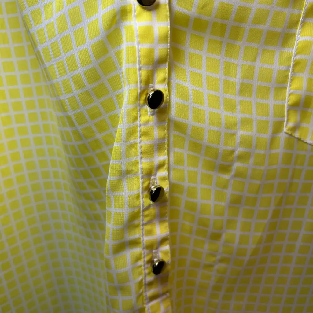 APT 9 Womens V-Neck Half Button Up Popover Blouse Top Yellow White Grid Sheer XL - Image 4