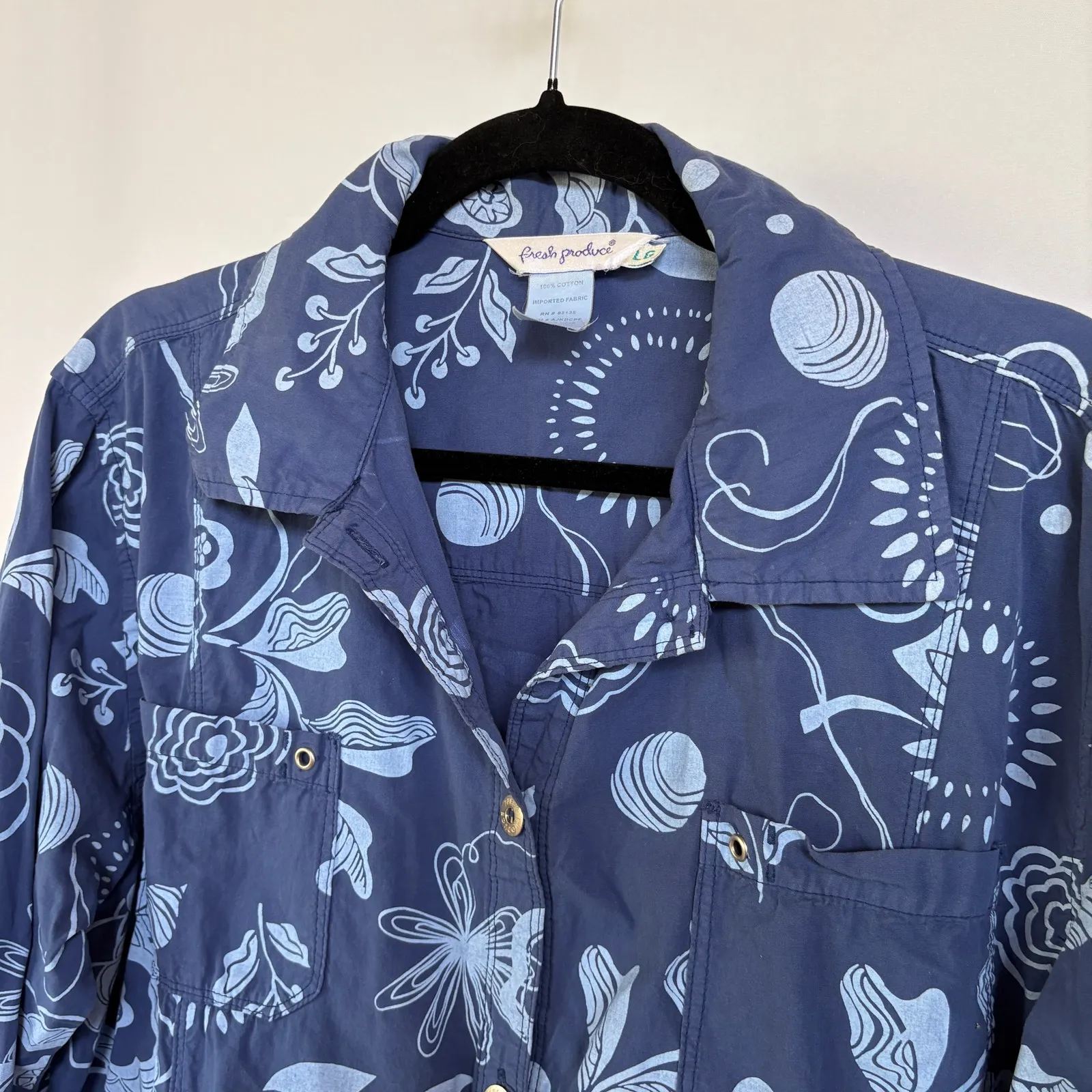 Fresh Produce Navy Button Down Shirt Whimsical Lightweight Cotton Abstract Large - Image 2