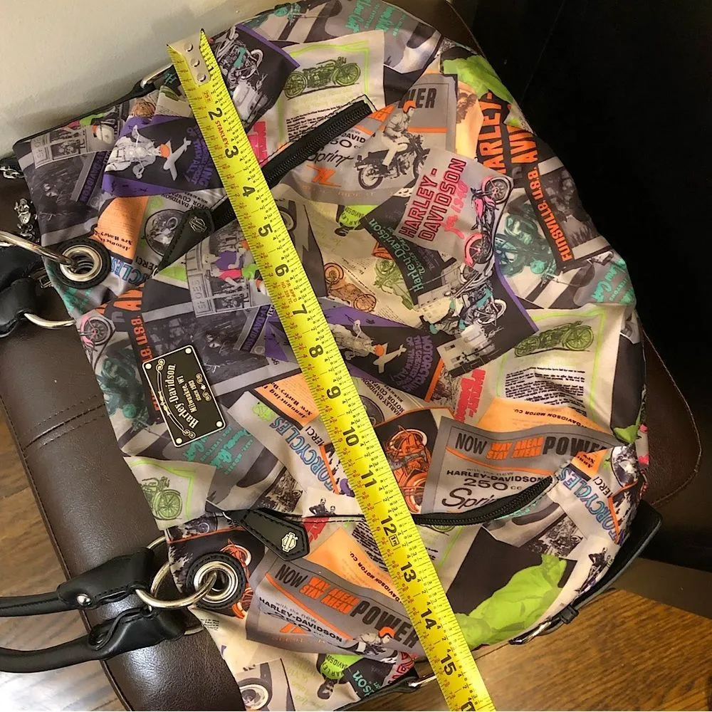 HARLEY JACOBSON Multicolor Black Leather Top Handle Satchel Motorcycle Graphics - Image 3