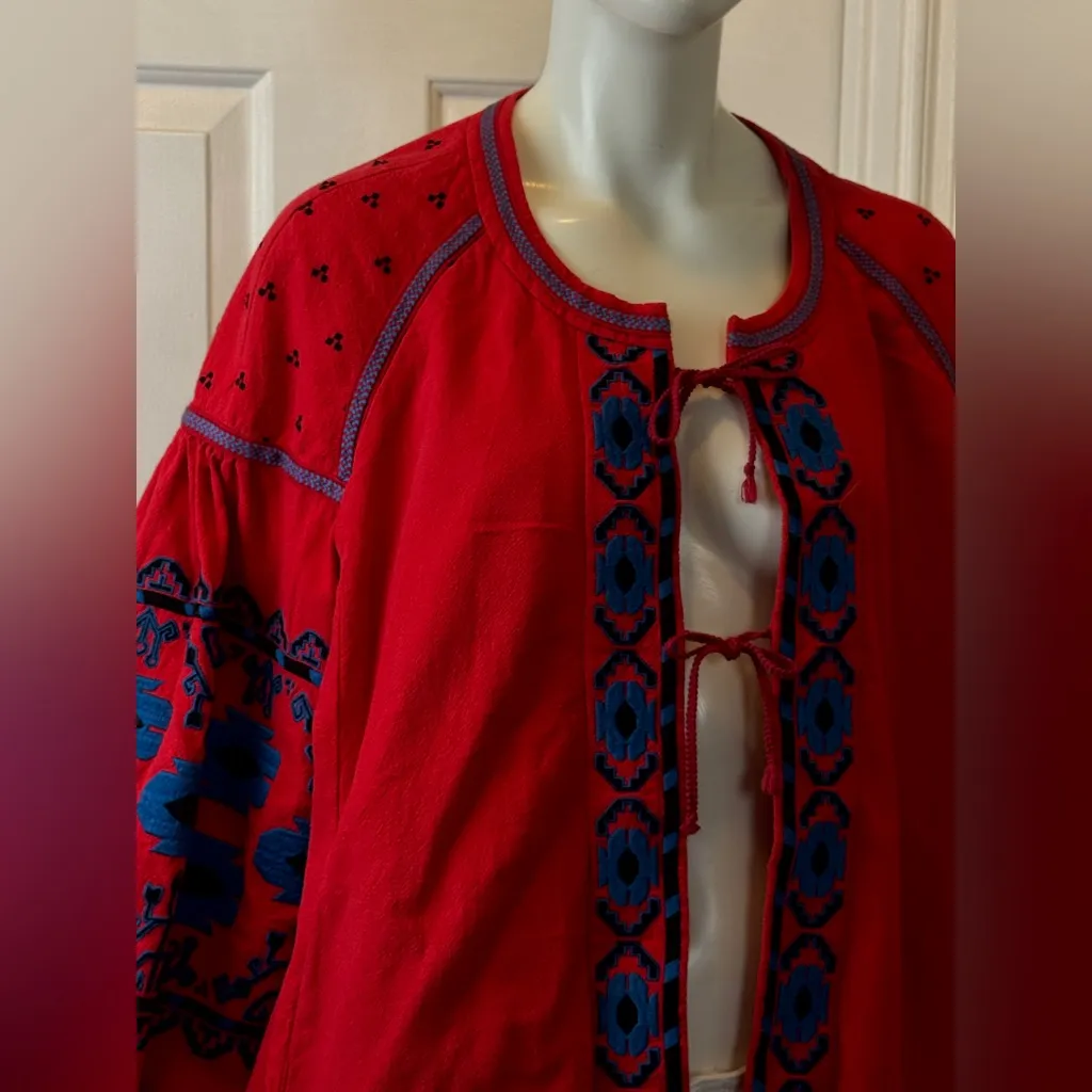 Free People Linen/Cotton Blend Vibrant Red Bohemian Jacket Blue Floral Accents L - Image 10