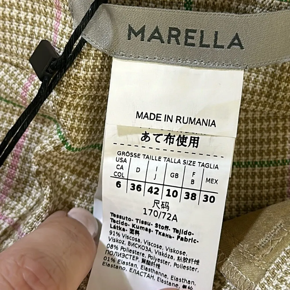 MARELLA Womens Pirenei Trouser Pants‎ 6 Tan Plaid Wide Leg Raw Hem High Rise Brown - Image 3