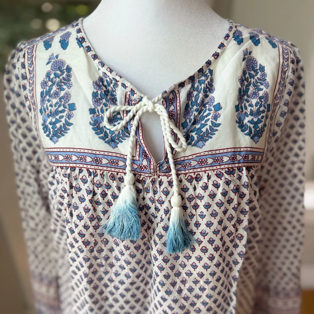 J. Crew White Blue Burgundy Block Floral Print Cotton Tie Front Tunic Top Sz 00 - Image 6