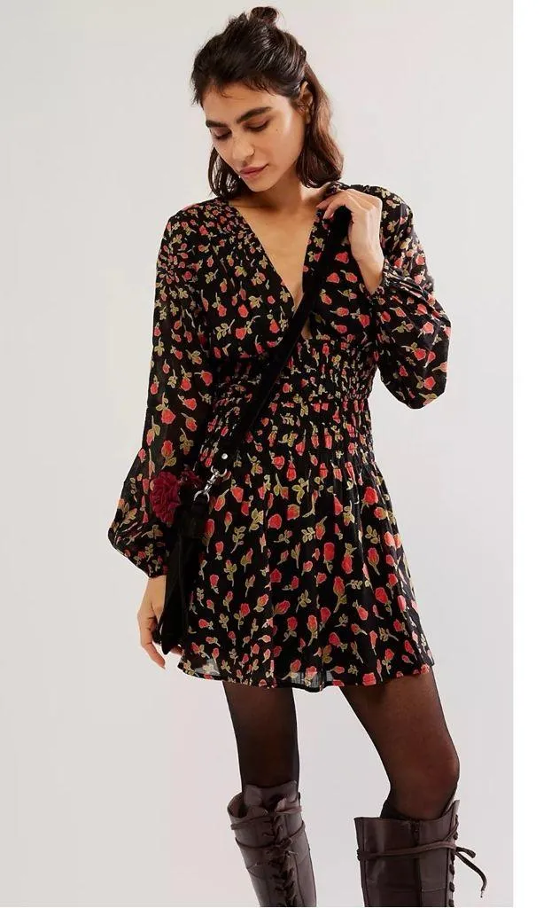 Free People Medium Dainty Keep You Mini Dress Ditsy Black Floral Long Sleeve - Image 15