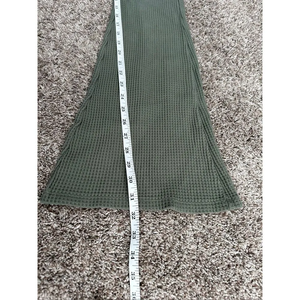 Aerie Waffle Knit High Waisted Flare Leg Pants Green Pull on Cozy S Long - Image 5