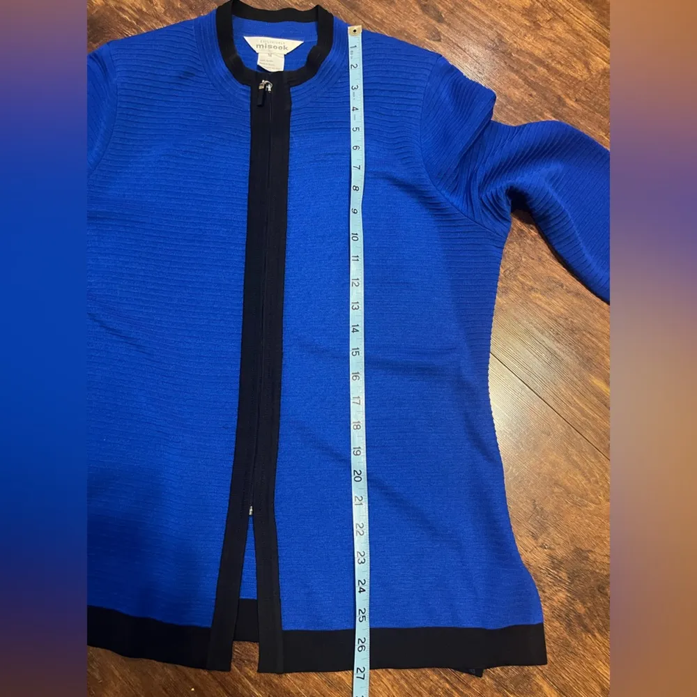 Exclusively Misook Royal Blue Rib Knit Zip Up Cardigan with Black Trim - Image 8