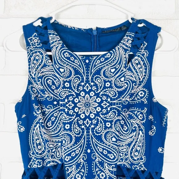Blue Bandana Print Cutout Waist‎ Sleeveless Mini Dress Topshop Size 4 - Image 5