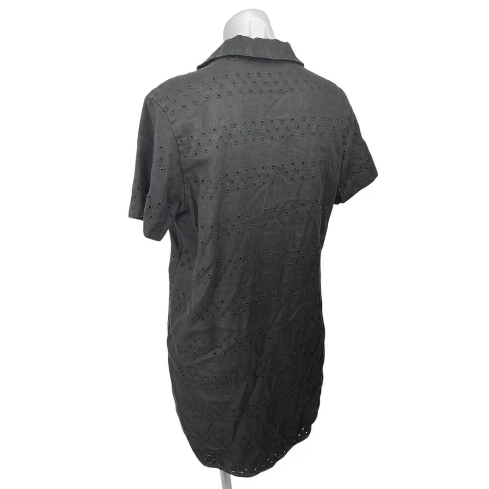 Everlane 100% Linen Black Embroidered Eyelet Short Sleeve Button Shirt Dress S - Image 2
