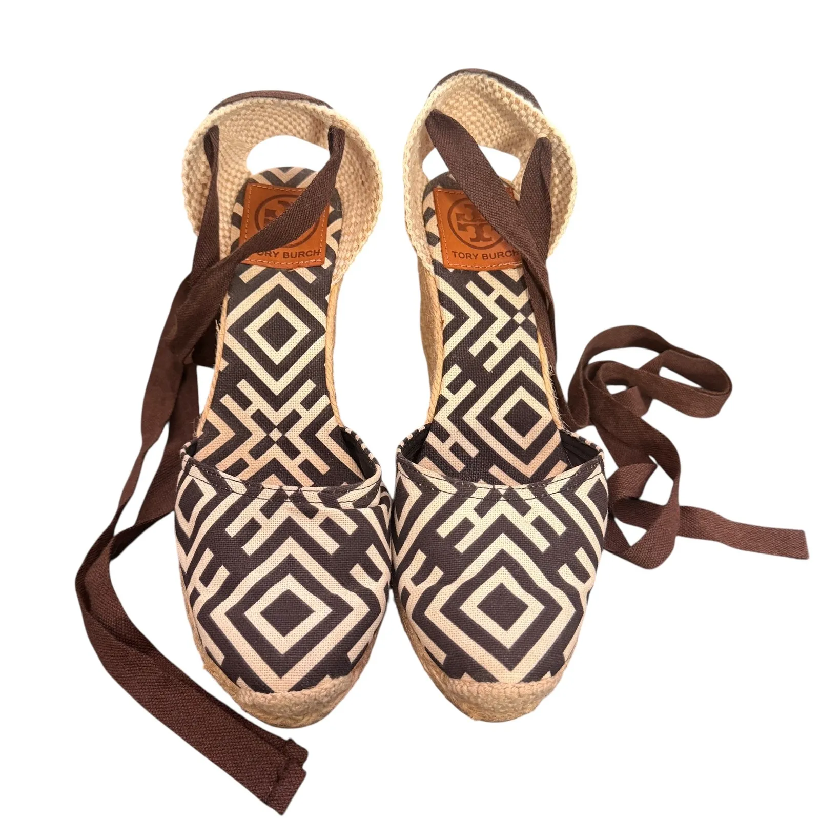 Tory Burch Wedge Espadrille Lace Up Ankle Strap Size 38 Geometric Print Canvas‎ - Image 3
