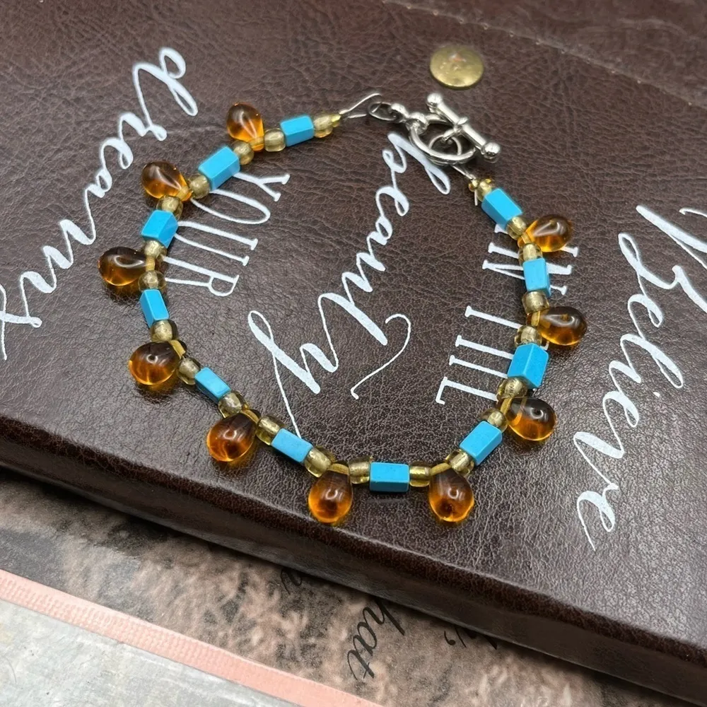 Y2K Handmade Amber Glass & Turquoise Beaded Bracelet (Vintage Beads) 8.25” Orange - Image 4