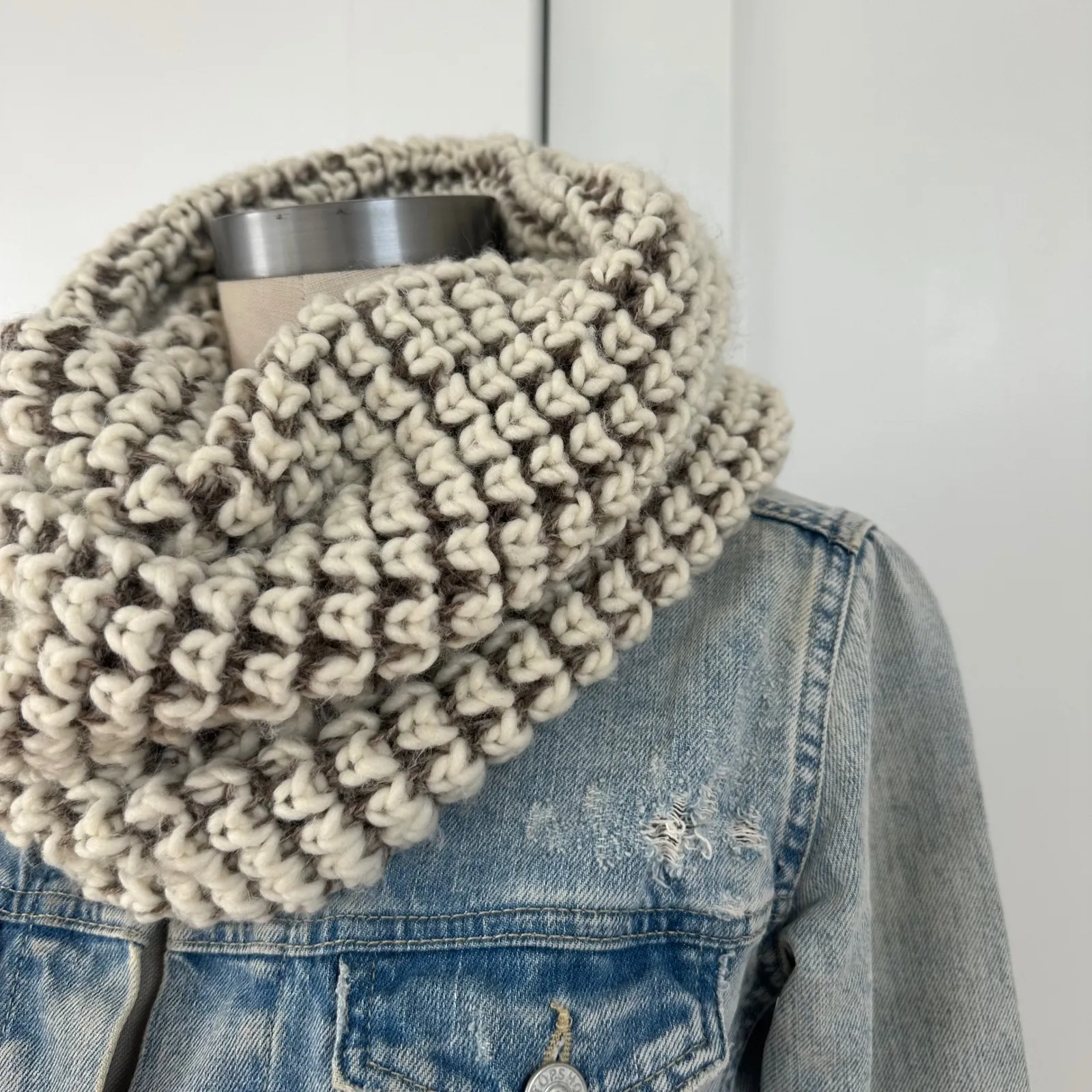 Chunky Knit Infinity Scarf Cream Brown Boho Winter Warm Cottagecore Minimalist - Image 2