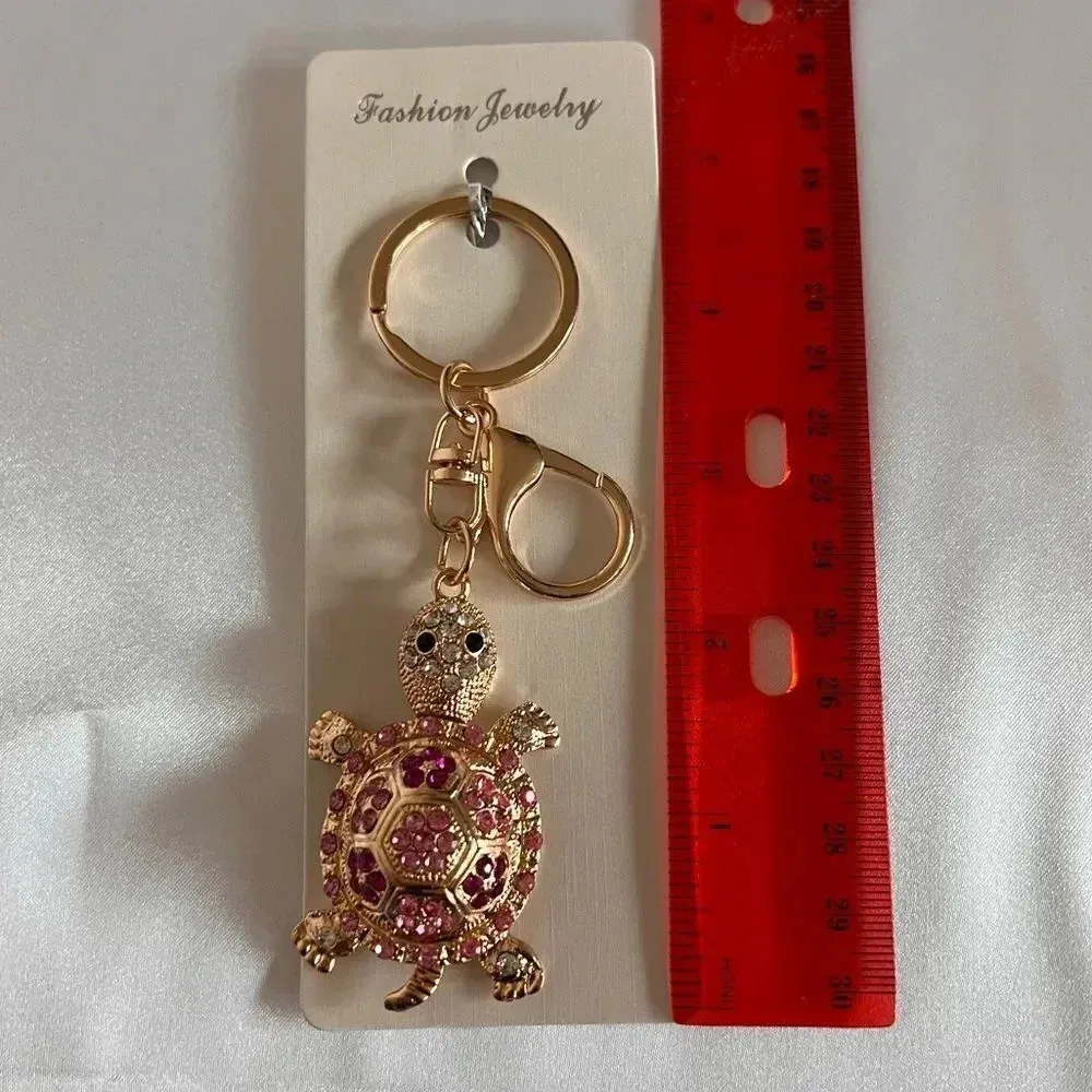 Turtle Bag And Key Chain Charm Pink Crystal Rhinestone Gold Tone Hardware - Image 3
