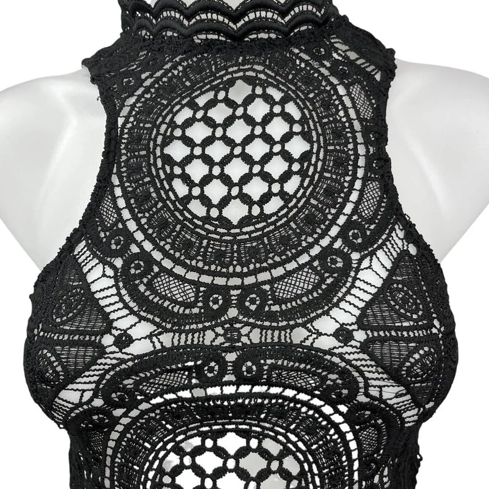 Windsor Black Crochet Open Knit High Neck Zip Sleeveless Crop Tank Top Size S - Image 3