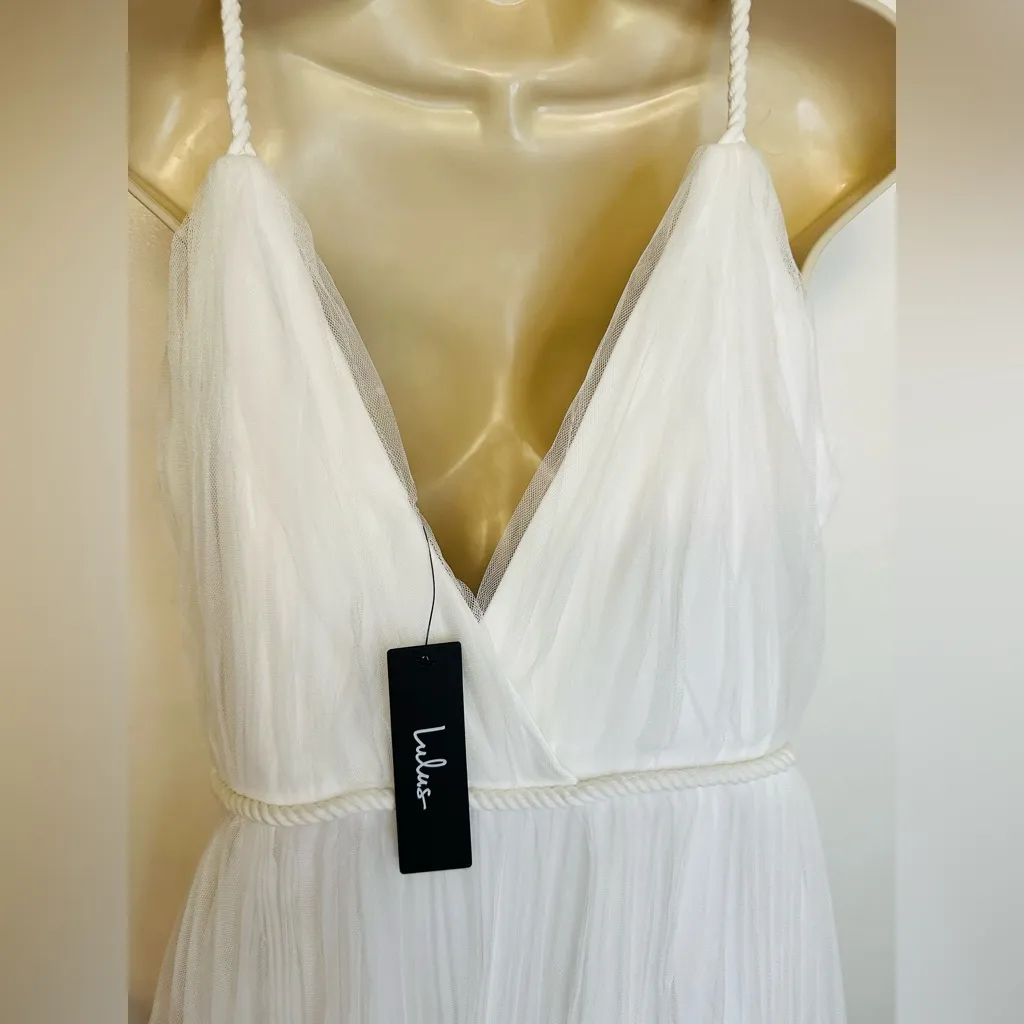 Lulus Sweet Goddess White Mesh Pleated Midi Dress Sleeveless Knit Liner Size Med - Image 9