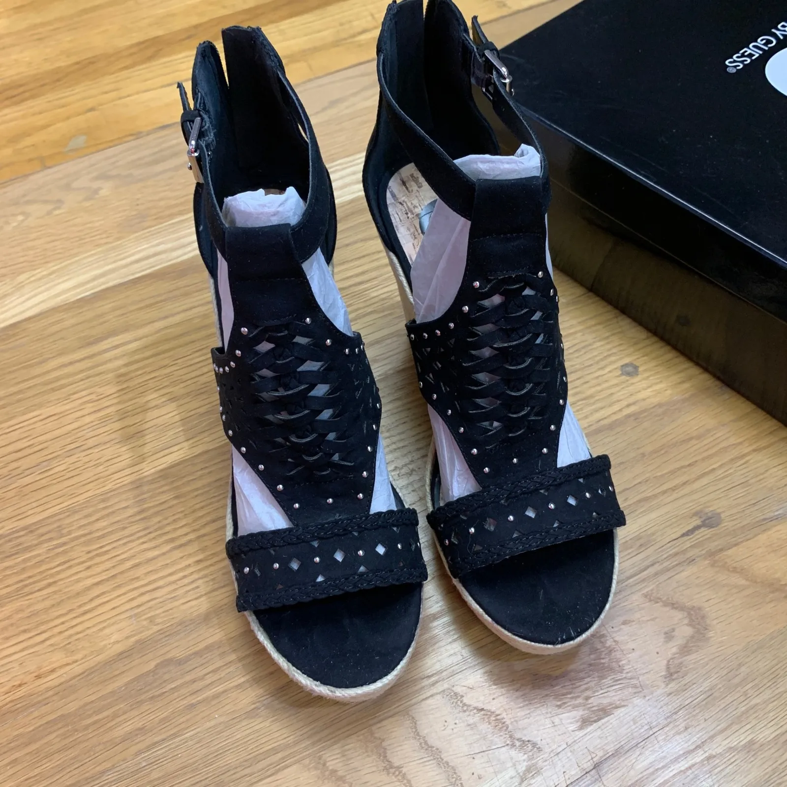 Guess Makayla Black Suede Studded Espadrille Wedge Sandals Women's Size 10M NWT - Image 2