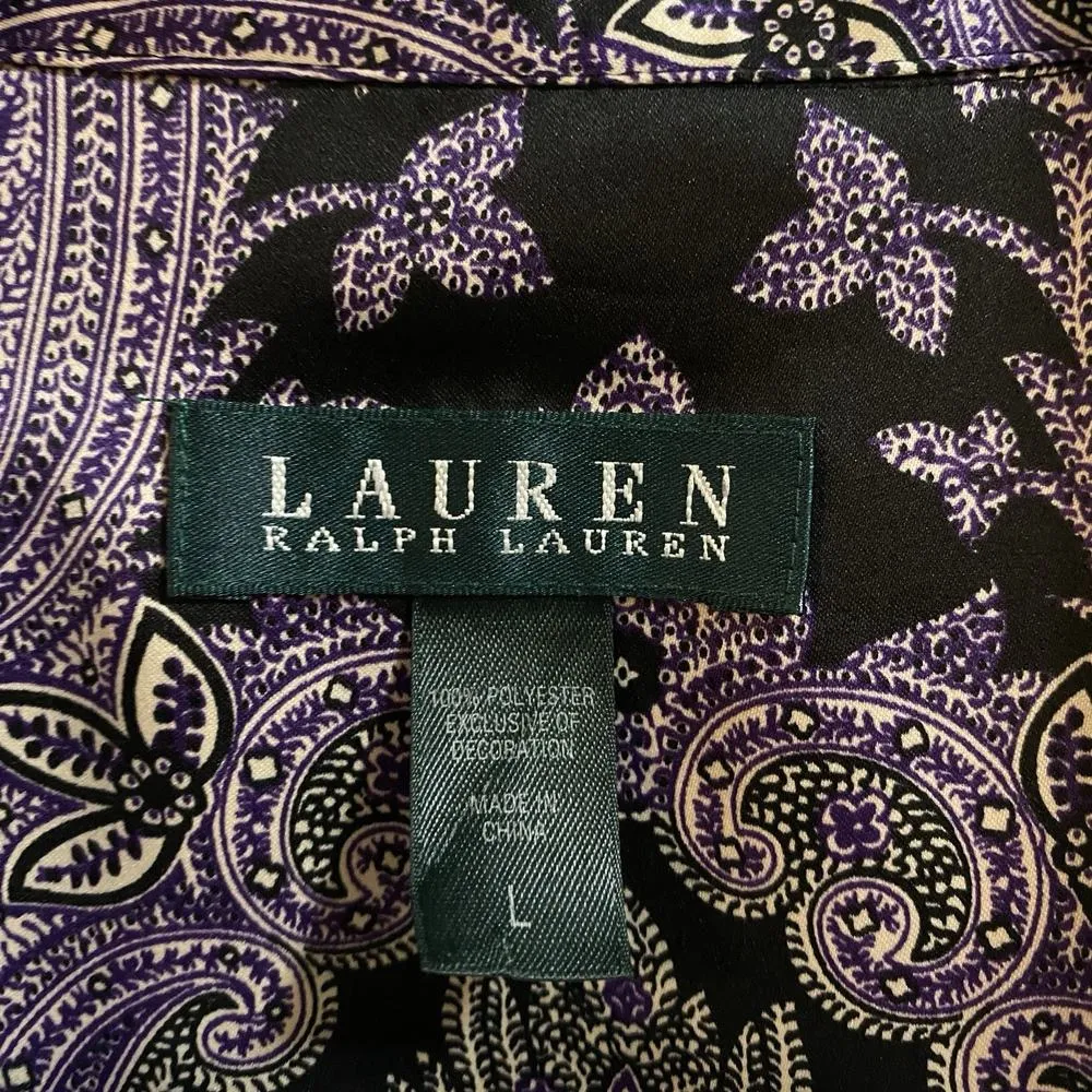 Lauren Ralph Lauren Large Pajama Top Button Down Purple Paisley Floral Satiny - Image 8