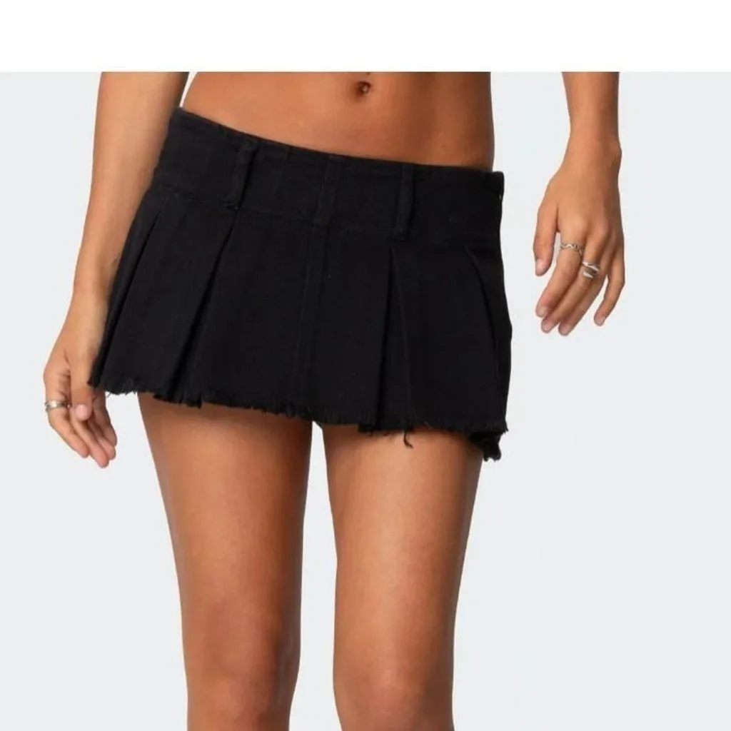 Edikted Black Denim Pleated Micro Mini Skirt Skort Size M - Image 2