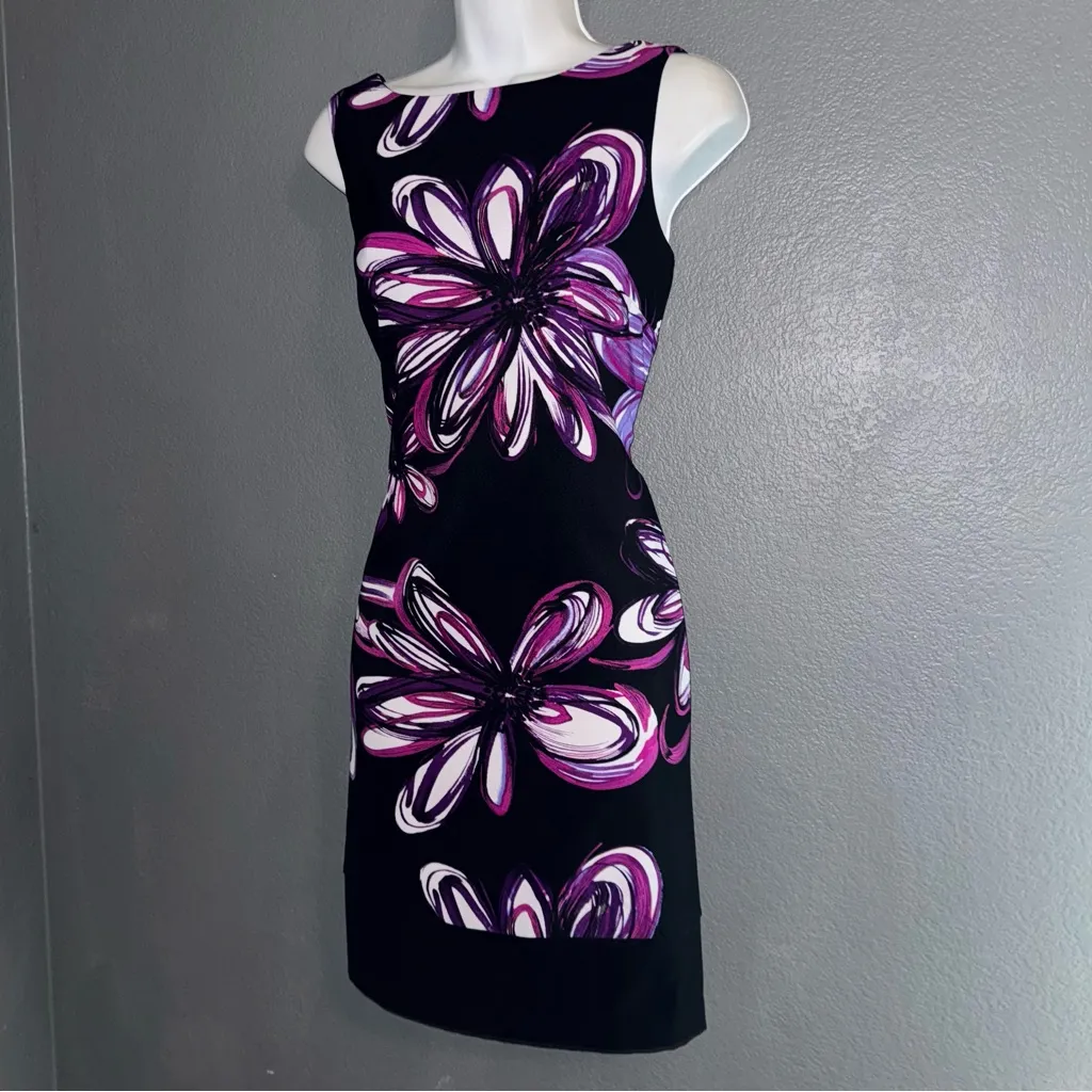 AB Studio Little Black Purple Floral Formal Party Pencil Dress Womens Small 4 - Image 2