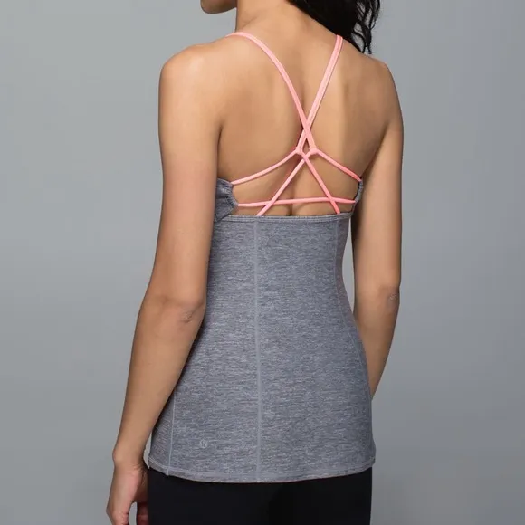 LULULEMON DANCING WARRIOR GRAY STRAPPY YOGA TANK HOT PINK DETAIL - Image 2