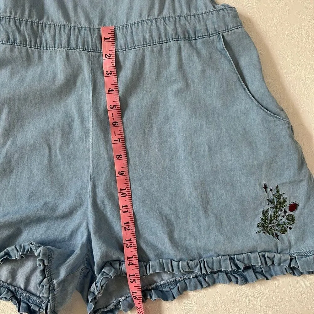 Hot Topic Denim Overall Romper Shorts Women’s Size 2 Mushroom Embroidered Cottag - Image 8