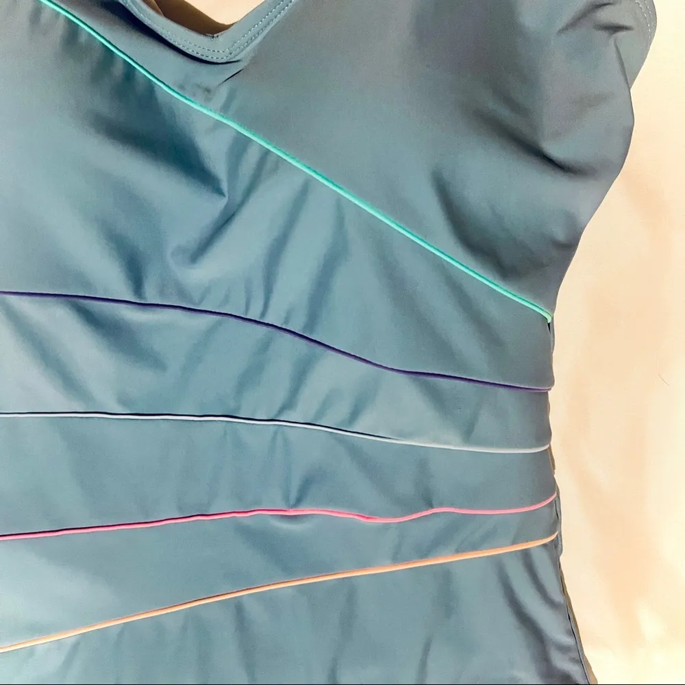 Vintage Retro Blue Colorful One Piece Swimsuit - Image 2