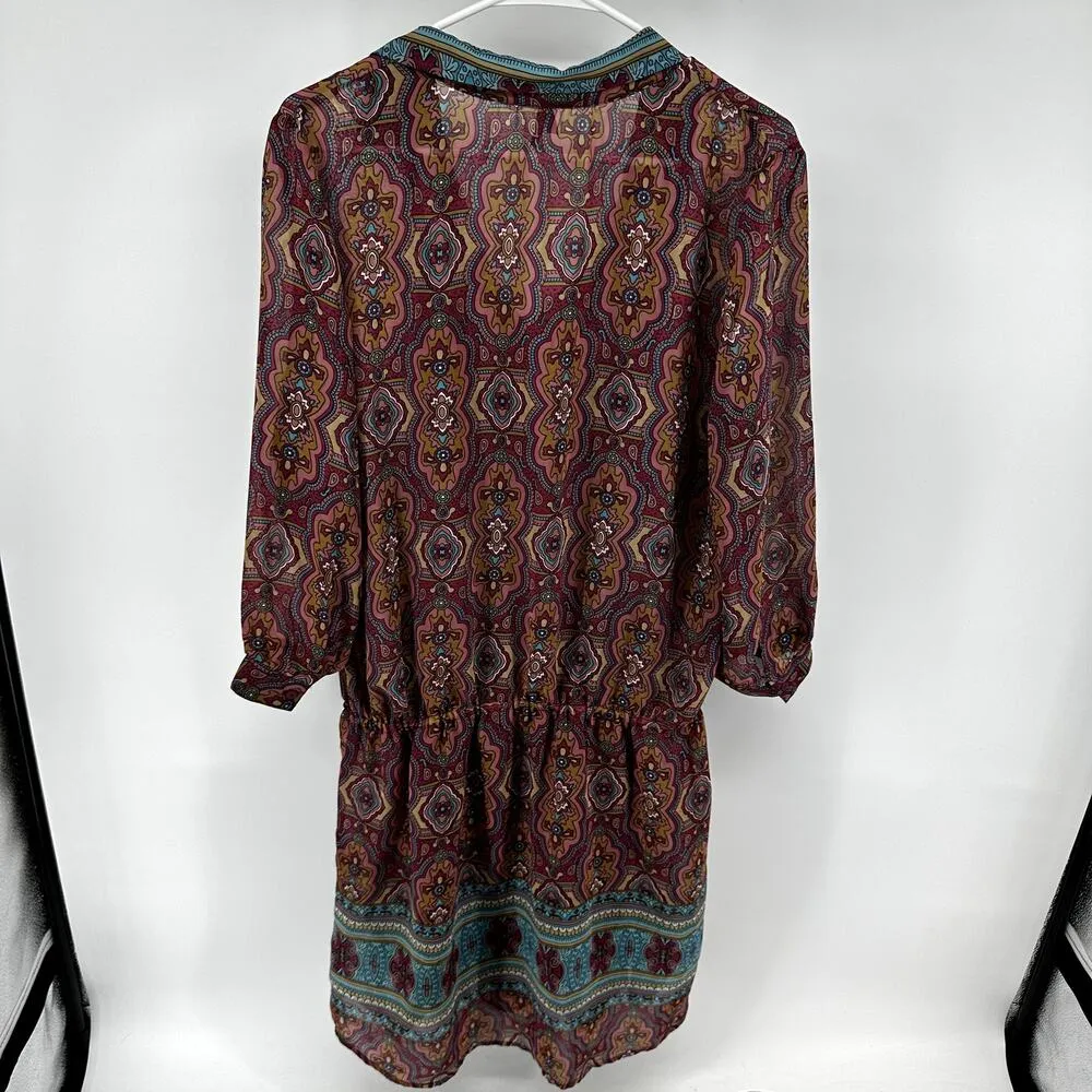 Stetson Blouson Dress Printed Collared V Neck 3/4 Sleeve Pink Multicolor Large - Image 4