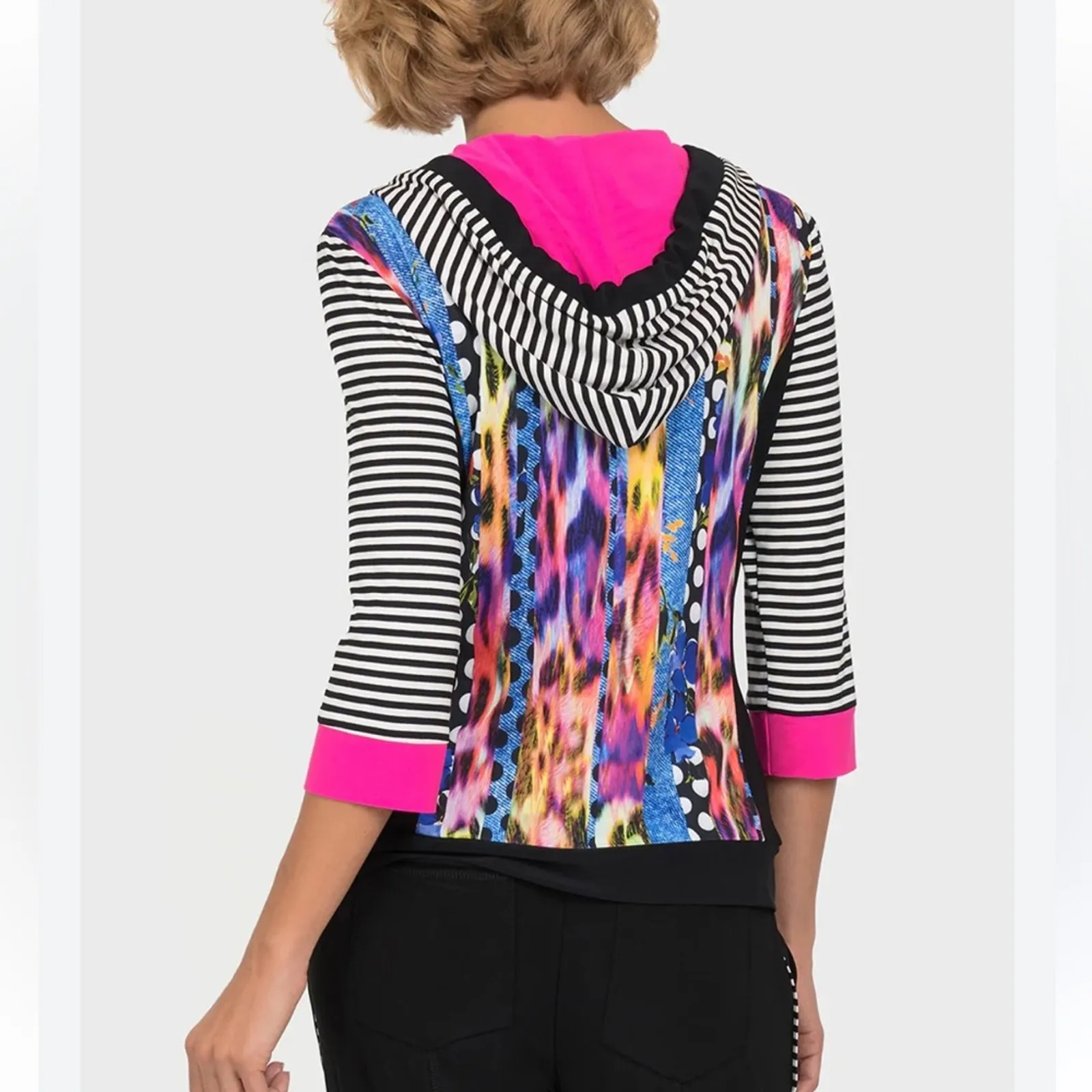 Joseph Ribkoff Hoodie Jacket Full Zip Punk 80s Stretch Pink Black Athleisure - Image 2