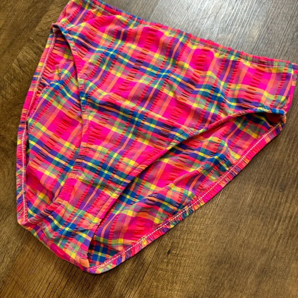 Vtg Matari Swim Bikini Bottoms Sz Large Abstract Picnic Plaid Rainbow Pink - Image 3