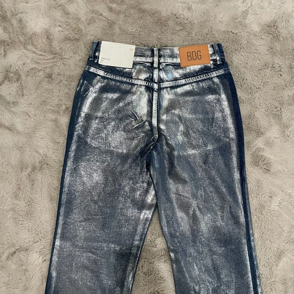 Urban Outfitters BGD High Rise Cowboy Jeans Silver Coated Size 27 Festival Disco - Image 13