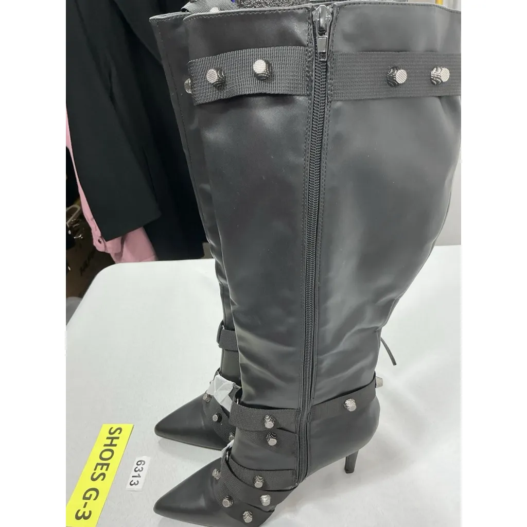 Womans Counco Stiletto Knee High Boots 7.5 Black Pointed Toe Fullzip Studs NWOT - Image 2