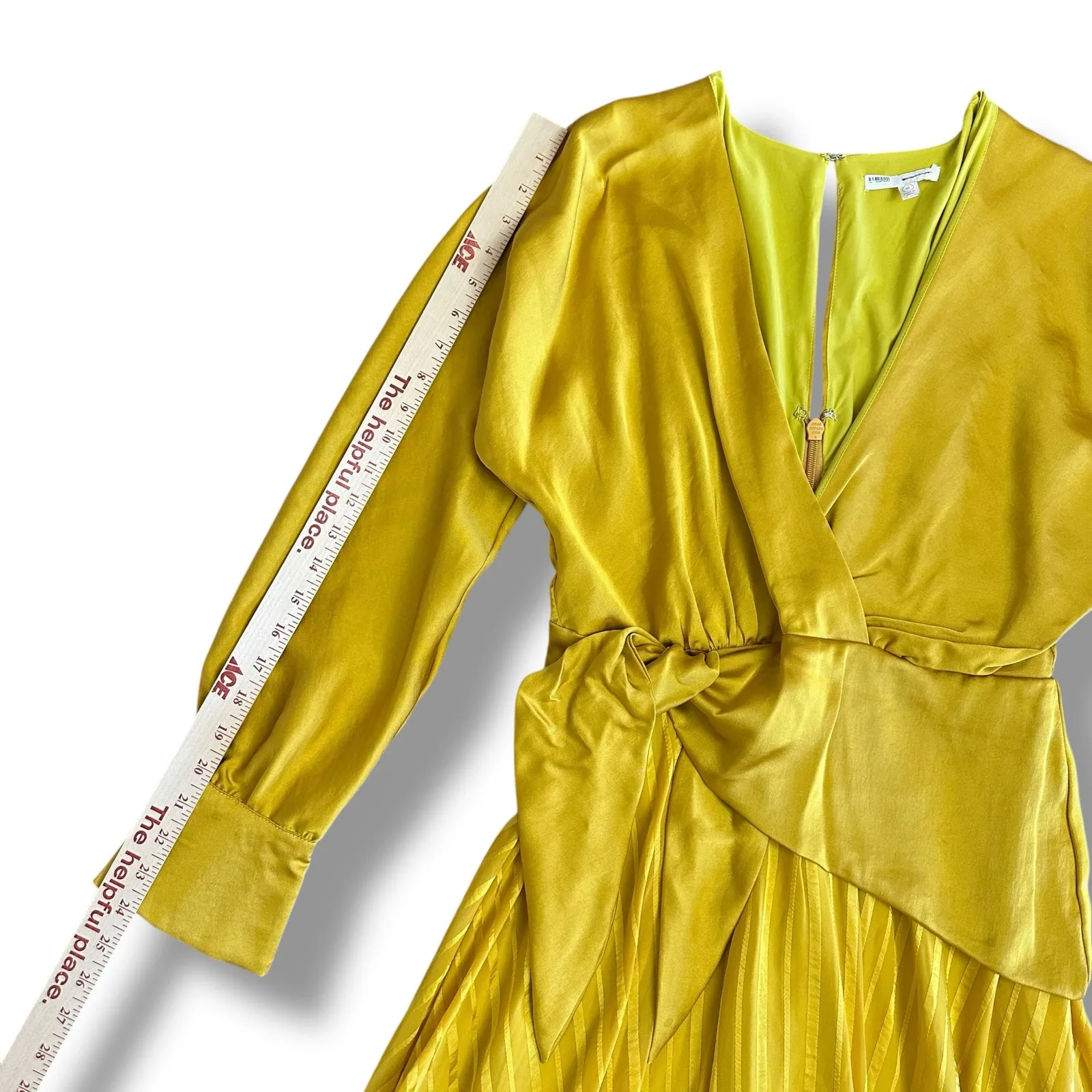 Chartreuse Pleated Wrap Dress Long Sleeve Asym Hem Midi Yellow Women Gold Size M - Image 6